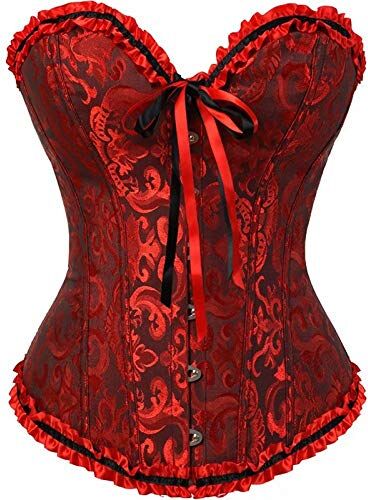 Jovono Donne Corsetto Gotico Nero Rosso Pizzo Bustiers Allacciare Sexy Underbust Vita Formazione Bustiers (XL)