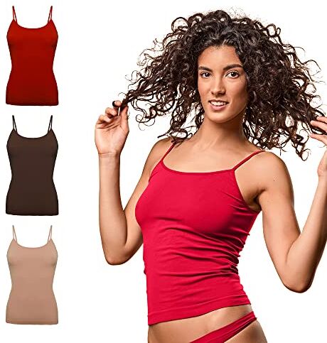 FOCENZA Canotta Donna Spalline Sottili in Morbida Microfibra, Intimo Senza Cuciture, Multipack da 3 Pezzi in Vari Colori, Made in Italy (Rosso-Cioccolato-Nudo, L-XL)