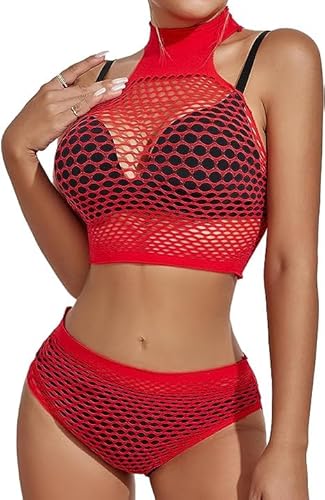 Buitifo Sexy Pezzi Lingerie Mini Abito da Donna a Rete Babydoll a Rete Abito Mini Abiti da Notte(Rosso WB,Taglia Unica)