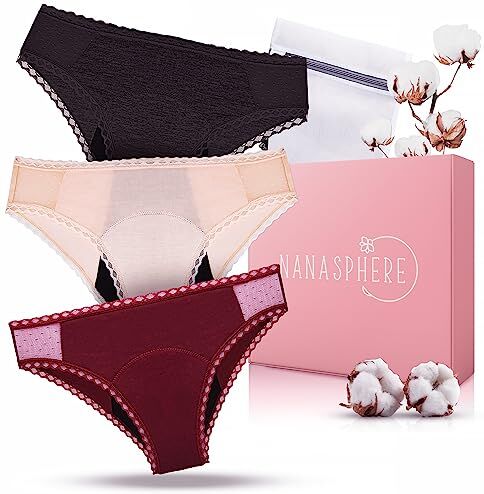 NANASPHERE Mutande Assorbenti Mestruali Set di 3 + Sacco Lavaggio   Donna Ciclo Flusso Abbondante   Cotone Organico   Slip Mestruale Donna   Incontinenza Perdita Urinaria Post Parto Adolescente (Colore, L)