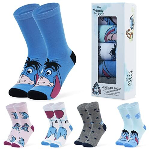 Disney Calzini Donna Stitch 5 Paia di Calze Divertenti a Fantasia Ih Oh Baby Yoda Principesse Crudelia Taglia Unica Gadget Regalo Ufficiale (Blu Eeyore)