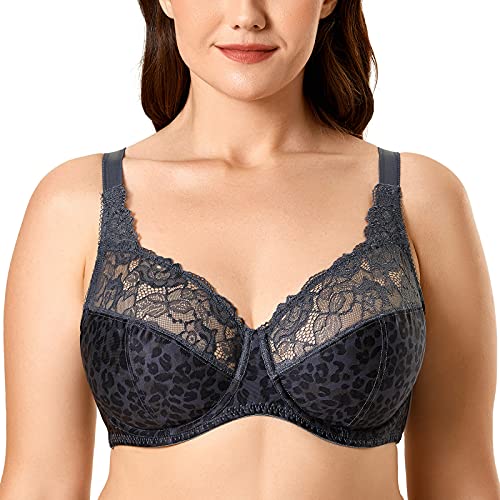 DELIMIRA Donna Reggiseno Pizzo Sostegno Totale Jacquard Senza Imbottito Carbone di Legna Panthera Uncia 6H