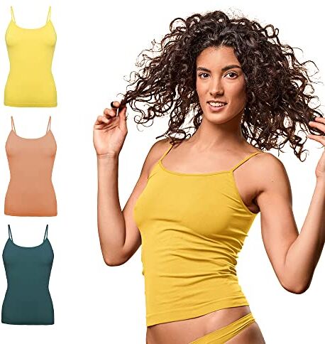 FOCENZA Canotta Donna Spalline Sottili in Morbida Microfibra, Intimo Senza Cuciture, Multipack da 3 Pezzi in Vari Colori, Made in Italy (Pesca-Petrolio-Giallo, L-XL)