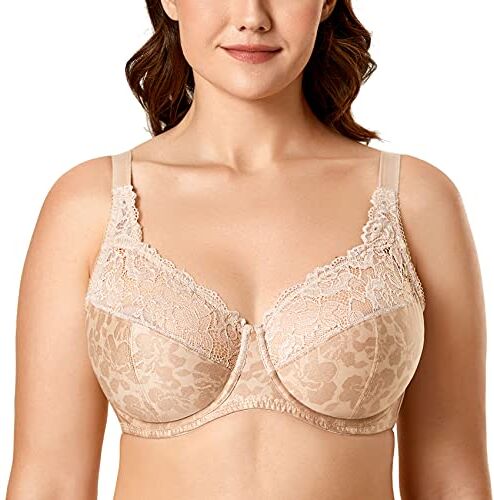 DELIMIRA Donna Reggiseno Pizzo Sostegno Totale Jacquard Senza Imbottito Ibisco Beige 4F