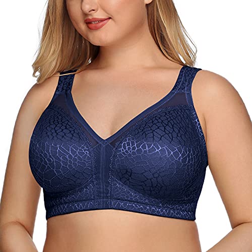 DotVol Reggiseno Base in Pizzo e Taglia Grossa Coppa Completa Non Schiuma Reggiseno Senza Fili(2F,Blu)