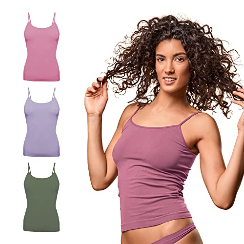 FOCENZA Canotta Donna Spalline Sottili in Morbida Microfibra, Intimo Senza Cuciture, Multipack da 3 Pezzi in Vari Colori, Made in Italy (Oliva-Malva-Lavanda, S-M)