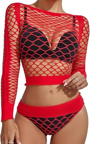 Buitifo Sexy Pezzi Lingerie Mini Abito da Donna a Rete Babydoll a Rete Abito Mini Abiti da Notte(Rosso WG,Taglia Unica)