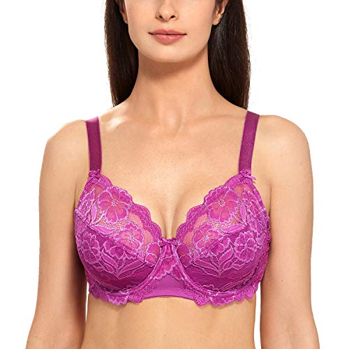 DELIMIRA Donna Reggiseno con Ferretto Taglie Forti Pizzo Senza Imbottito Sostegno Fucsia 6H