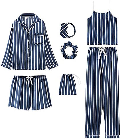 Jamron Donna 7PCS Raso Set Pigiama Primavera Estate Autunno Top & Pantaloni Indumenti da Notte SN07655 Blu Strisce M