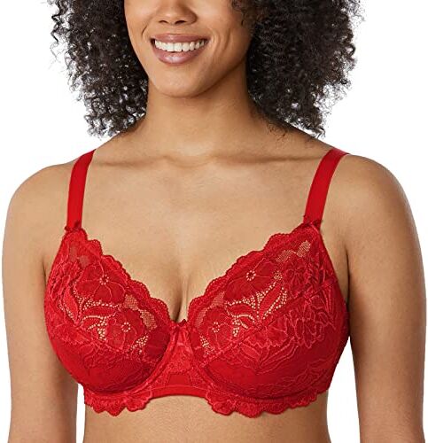 DELIMIRA Donna Reggiseno con Ferretto Taglie Forti Pizzo Senza Imbottito Sostegno Rossetto Rosso 4G