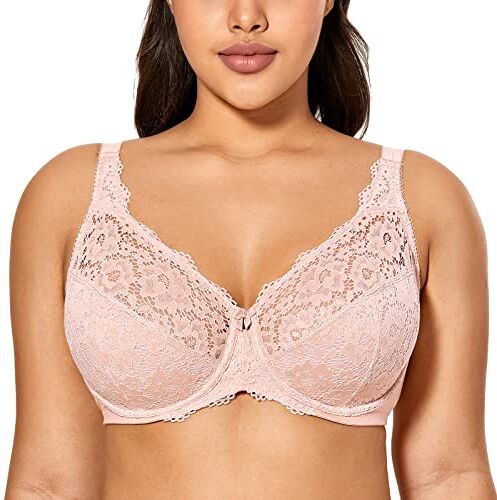 DELIMIRA Donna Reggiseno in Pizzo con Ferretto Taglie Forti Sostegno Senza Imbottito Rosa Nudo 4D