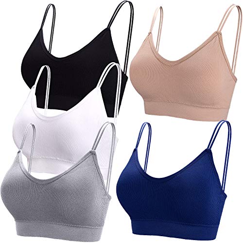 BQTQ 5 Pezzi Reggiseno a Canotta V Collo Bralette Senza Ferretto per Donna (Nero, Bianco, Grigio, Beige, Blu Scuro, M)