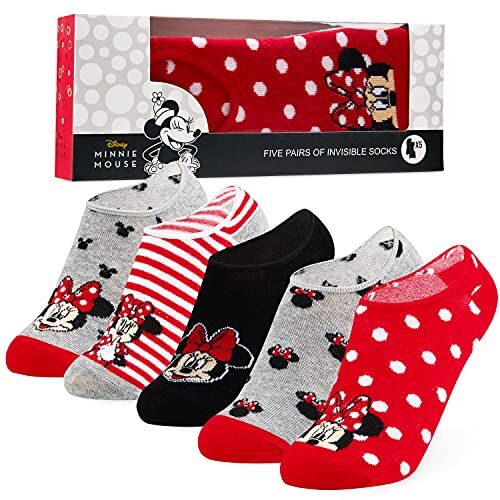 Disney Calzini Donna Pacco da 5 Fantasmini, Calze Corte in Cotone Elasticizzato Taglia Unica Calze Salvapiedi Invisibili Minnie Stitch Gadget (Grigio/Rosso Minnie)