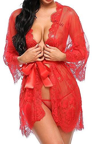 Tuopuda Babydoll Lingerie Sexy Erotico Donne Sexy Sleepwear Dress e G-String Set Camicia da Notte in Pizzo Pigiama Vestaglia Lace Reggiseno String, Rosso, L