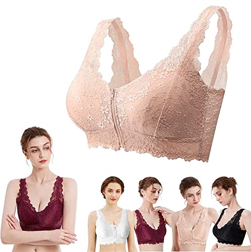 BIRKIM Branelly Bra Branelly Bra Front Zip Lace,Front Closure Lace Breathable Push-up Bra for Women,Comfort Full Coverage Bras,with Padded (XL, Skin Color)