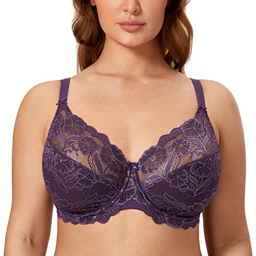 DELIMIRA Donna Reggiseno con Ferretto Taglie Forti Pizzo Senza Imbottito Sostegno Prugna Profonda 4D