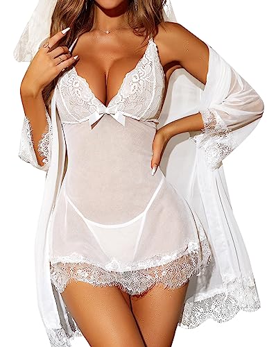 RSLOVE Lingerie Donna Sexy Babydoll in Pizzo Camicia da Notte Set di Pigiama Completo Intimi Vestaglia A Rete Bianco XXL