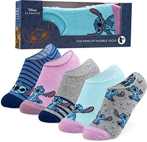 Disney Calzini Donna Pacco da 5 Fantasmini, Calze Corte in Cotone Elasticizzato Taglia Unica Calze Salvapiedi Invisibili Minnie Stitch Gadget (Blu Stitch)