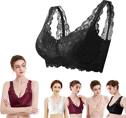 BIRKIM Branelly Bra Branelly Bra Front Zip Lace,Front Closure Lace Breathable Push-up Bra for Women,Comfort Full Coverage Bras,with Padded (L, Black)