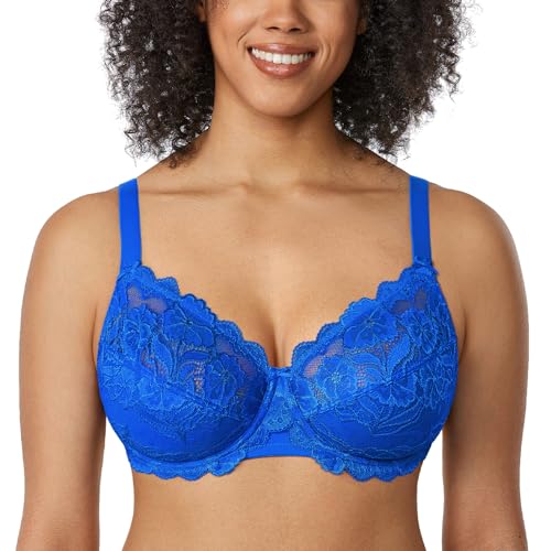 DELIMIRA Donna Reggiseno con Ferretto Taglie Forti Pizzo Senza Imbottito Sostegno Blu Scintillante 5F