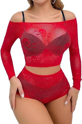 Buitifo Sexy Pezzi Lingerie Mini Abito da Donna a Rete Babydoll a Rete Abito Mini Abiti da Notte(Rosso GT,Taglia Unica)