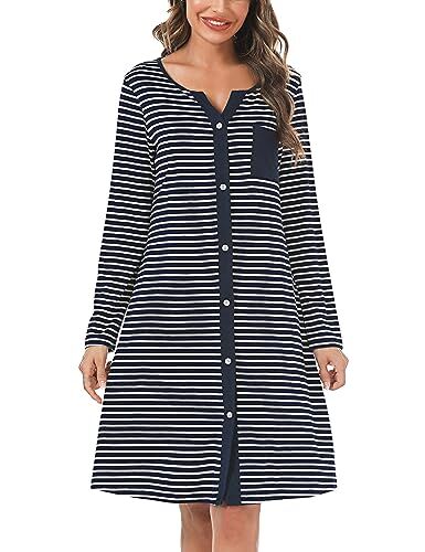 Marvmys Camicia Notte Donna Cotone Corta Cardigan con Scollo V Bottoni Donna Adatto Leggero e Confortevole per Il Parto Ospedaliero Quotidiano per L'Allattamento Seno Blu Marino-Manica Lunga XXL