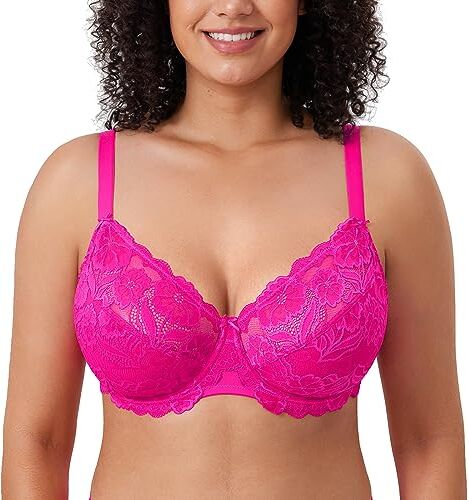 DELIMIRA Donna Reggiseno con Ferretto Taglie Forti Pizzo Senza Imbottito Sostegno Rosa Glitterato 5C