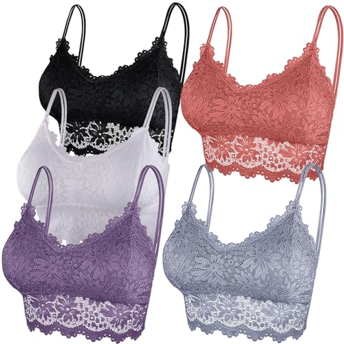 Duufin 5 Pezzi Reggiseno Bralette Pizzo Reggiseno Senza Ferretto per Donna e Ragazze (Nero, Bianco, Grigio, Pomodoro, Viola Medio, S-M)