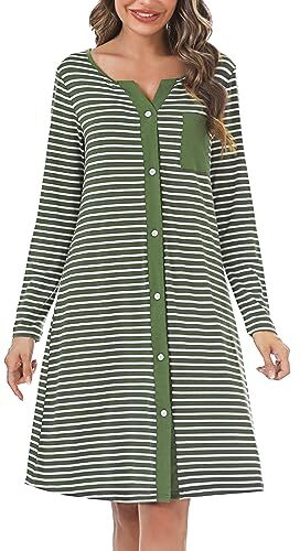 Marvmys Camicia Notte Donna Cotone Corta Cardigan con Scollo V Bottoni Donna Adatto Leggero e Confortevole per Il Parto Ospedaliero Quotidiano per L'Allattamento Seno Verde-Manica Lunga L