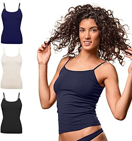 FOCENZA Canotta Donna Spalline Sottili in Morbida Microfibra, Intimo Senza Cuciture, Multipack da 3 Pezzi in Vari Colori, Made in Italy (Nero-Cipria-Blu, S-M)