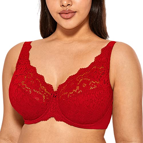 DELIMIRA Donna Reggiseno in Pizzo con Ferretto Taglie Forti Sostegno Senza Imbottito Rossetto Rosso 7E