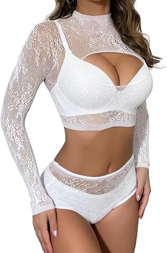 Buitifo Sexy Pezzi Lingerie Mini Abito da Donna a Rete Babydoll a Rete Abito Mini Abiti da Notte(Bianco 90,Taglia Unica)