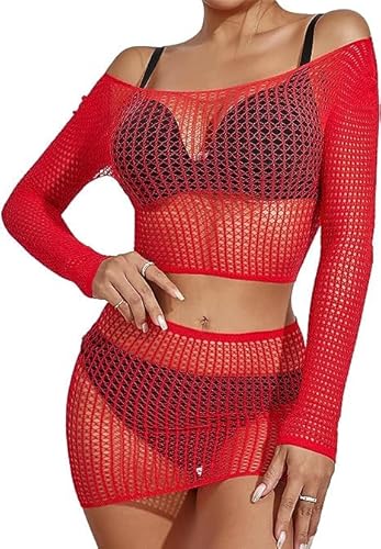 Buitifo Sexy Pezzi Lingerie Mini Abito da Donna a Rete Babydoll a Rete Abito Mini Abiti da Notte(Rosso 19,Taglia Unica)