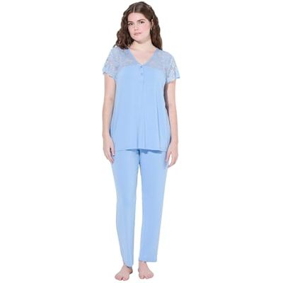 Ulla Popken Pigiama con Pizzo, Scollo a V e Mezze Maniche di Pizzo Azzurro 42+ 718-42+ Ulla Popken Pigiama con Pizzo, Scollo a V e Mezze Maniche di Pizzo Azzurro 42+ 718-42+