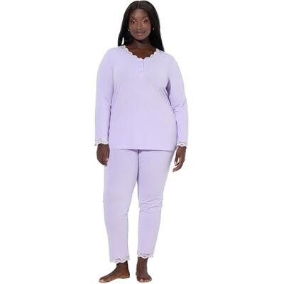 Ulla Popken Pigiama con Pizzo, Bottoni, Scollo a V e Maniche Lunghe Lavanda Delicato 46+ 800-46+ Ulla Popken Pigiama con Pizzo, Bottoni, Scollo a V e Maniche Lunghe Lavanda Delicato 46+ 800-46+