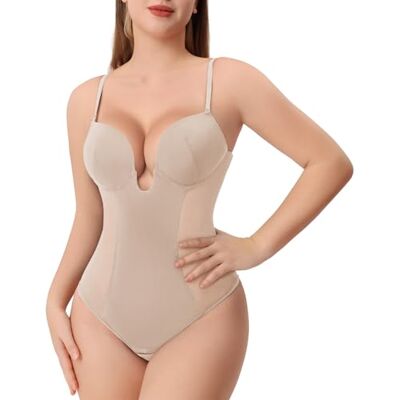 Slimers Perizoma Shapewear per Le Donne Controllo della Pancia Schiena Bassa U Immersione Backless Body Shaper Reggiseno Faja con Body Aperto Cavallo, Beige, Medium Slimers Perizoma Shapewear per Le Donne Controllo della Pancia Schiena Bassa U Immersione Backless Body Shaper Reggiseno Faja con Body Aperto Cavallo, Beige, Medium