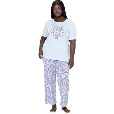 Ulla Popken Pigiama con Fiori, Scollo a Girocollo e Mezze Maniche Blu 46+ 700-46+ Ulla Popken Pigiama con Fiori, Scollo a Girocollo e Mezze Maniche Blu 46+ 700-46+