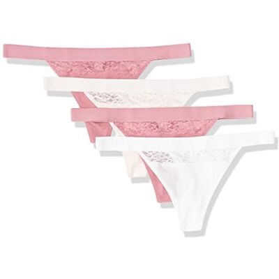 Amazon Essentials Intimo Perizoma in Cotone e Pizzo Donna, Pacco da 4, Bianco Brillante/Rosa Pallido/Malva, 44 Amazon Essentials Intimo Perizoma in Cotone e Pizzo Donna, Pacco da 4, Bianco Brillante/Rosa Pallido/Malva, 44