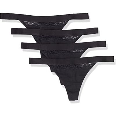 Amazon Essentials Intimo Perizoma in Cotone e Pizzo Donna, Pacco da 4, Nero, 44 Amazon Essentials Intimo Perizoma in Cotone e Pizzo Donna, Pacco da 4, Nero, 44