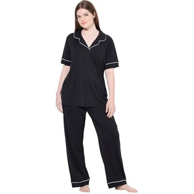 Ulla Popken Pyjama, Zierpaspeln, Reverskragen, Halbarm Set Pajama, Nero, 50-52 Donna Ulla Popken Pyjama, Zierpaspeln, Reverskragen, Halbarm Set Pajama, Nero, 50-52 Donna