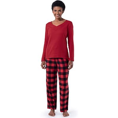 Fruit of the Loom Waffle V-Neck Top And Flannel Pant Sleep Set Pigiama Donna Fruit of the Loom Waffle V-Neck Top And Flannel Pant Sleep Set Pigiama Donna