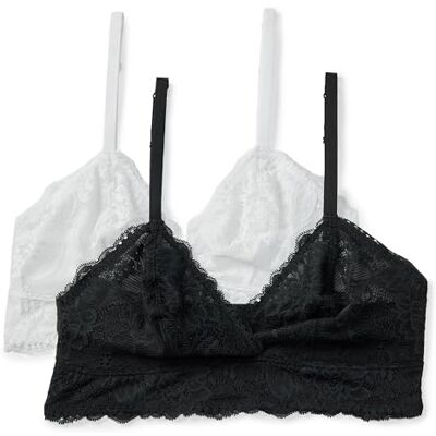 Amazon Essentials Bralette a Triangolo in Pizzo Elasticizzato Galloon Donna, Confezione da 2, Nero/Bianco, M Amazon Essentials Bralette a Triangolo in Pizzo Elasticizzato Galloon Donna, Confezione da 2, Nero/Bianco, M