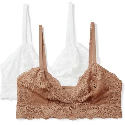Amazon Essentials Bralette a Triangolo in Pizzo Elasticizzato Galloon Donna, Confezione da 2, Bianco/Bronzo Lavato, XS Amazon Essentials Bralette a Triangolo in Pizzo Elasticizzato Galloon Donna, Confezione da 2, Bianco/Bronzo Lavato, XS