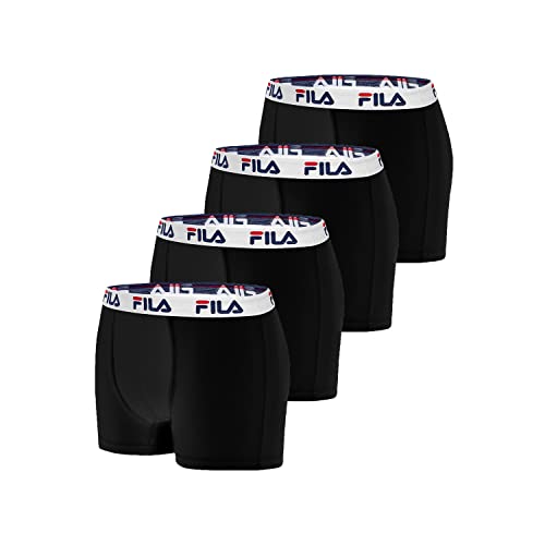 Fila Boxer Uomo Cotone, Mutande Uomo Stretch, Maglia Ventilata, Set di 4, Nero, Taglie L