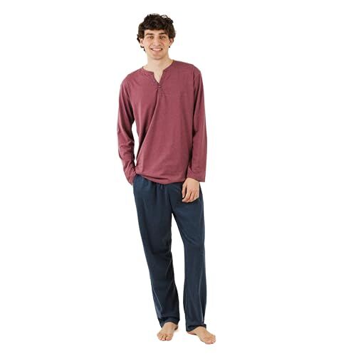 TRAMAS+ Pigiama da Uomo con Bottoni, Maniche Lunghe e Pantaloni Lunghi, per Tutte Le Stagioni, Set di Abbigliamento da Dormire XL, Bordeaux