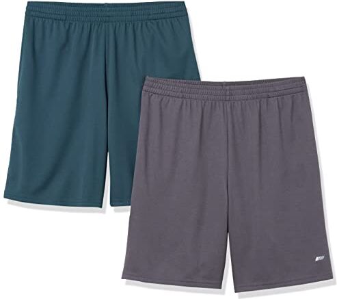 Amazon Essentials Pantaloncini Morbidi Tecnici ad Alte Prestazioni (Disponibili nelle Taglie Big & Tall) Uomo, Pacco da 2, Carbone/Verde Scuro, S