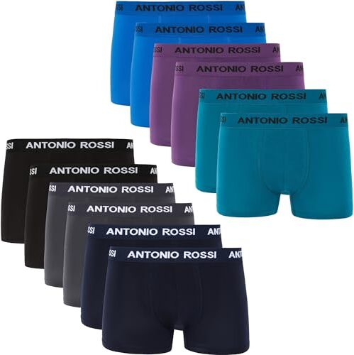 ANTONIO ROSSI Confezione da 12 boxer aderenti da uomo, Nero/ Blu/ Grigio/ Verde, XL