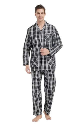 GLOBAL Uomo Pigiami Set 100% Cotone Set Pigiami Due Pezzi da Uomo, Pigiami Uomo Completino Maniche Lunghe in Cotone A Scacchi Neri,3XL