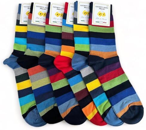 Lucchetti Socks Milano 6 paia calze uomo CORTE cotone filo di scozia elasticizzato estive in fantasia (Taglia Unica, Set Linee colors 4)