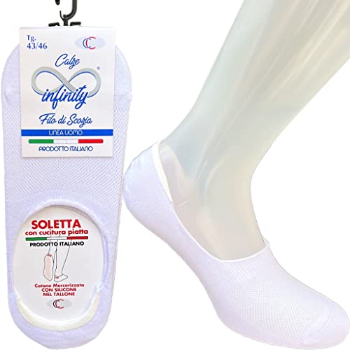 Infinity 6/12 PAIA CALZINI INVISIBILI SALVAPIEDE CON SILICONE ANTISCIVOLO MADE IN ITALY FANTASMINI IN COTONE FILO DI SCOZIA ELASTICIZZATO TRASPIRANTI FRESCHI MOCASSINO (43-46, Bianco 12 Paia)